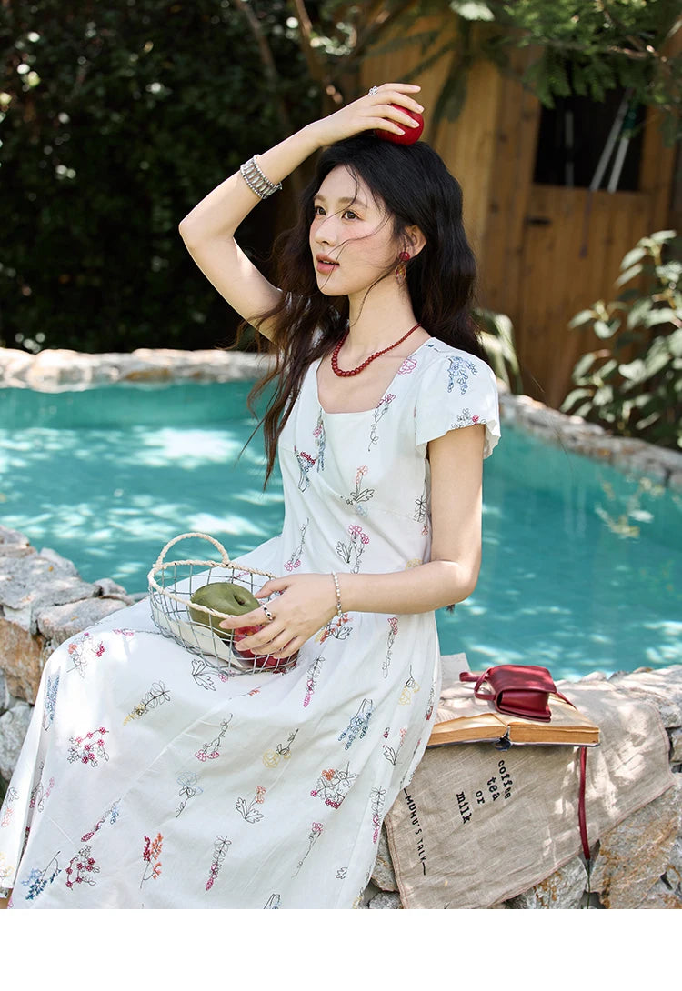 Mishow French Embroidery Square Neck Puff Sleeve Dress MXE39L2389