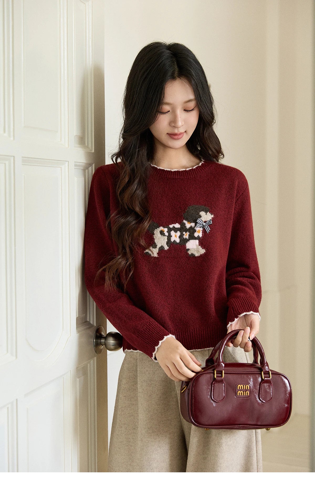 Mishow Burgundy Poodle Pattern Ruffled Trim Pullover MXE93Z2949