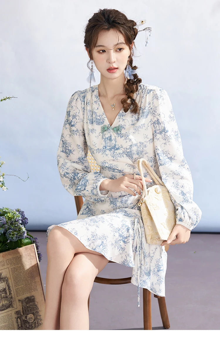 MISHOW French V-Neck Blue Porcelain Print Dress MXD15L1673