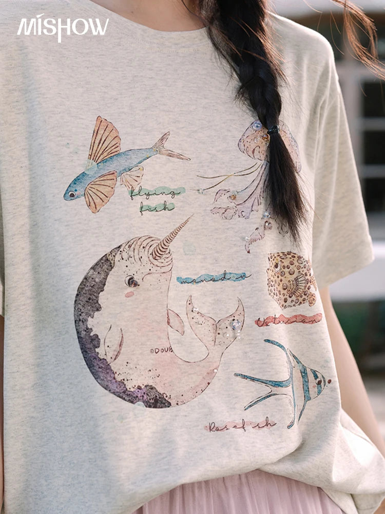 Mishow Cartoon Print Loose Cotton Tee MXE36T0575