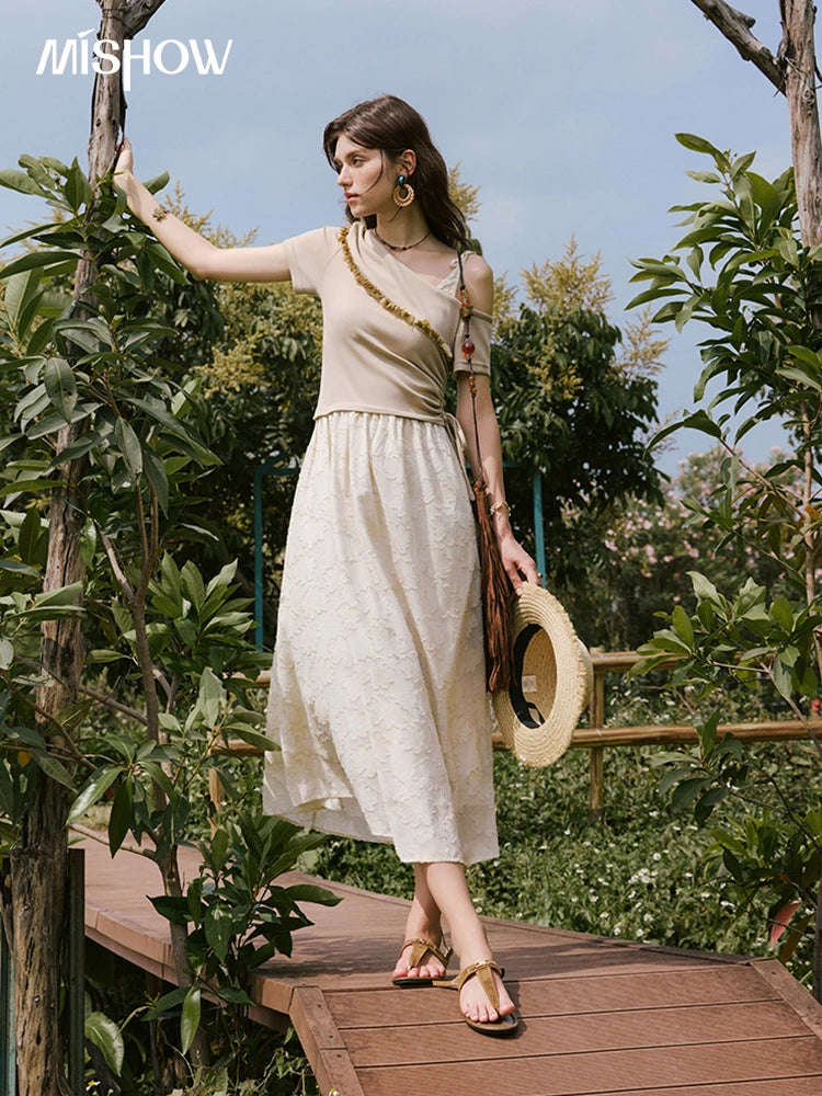 Mishow Off-Shoulder Knitted Patchwork Midi Dress MXE33L2207
