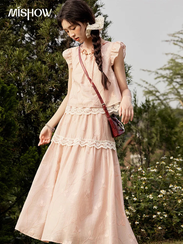 Mishow Short Flying Sleeve Top & Hollow Embroidery A-Line Skirt Set MXE33T0545