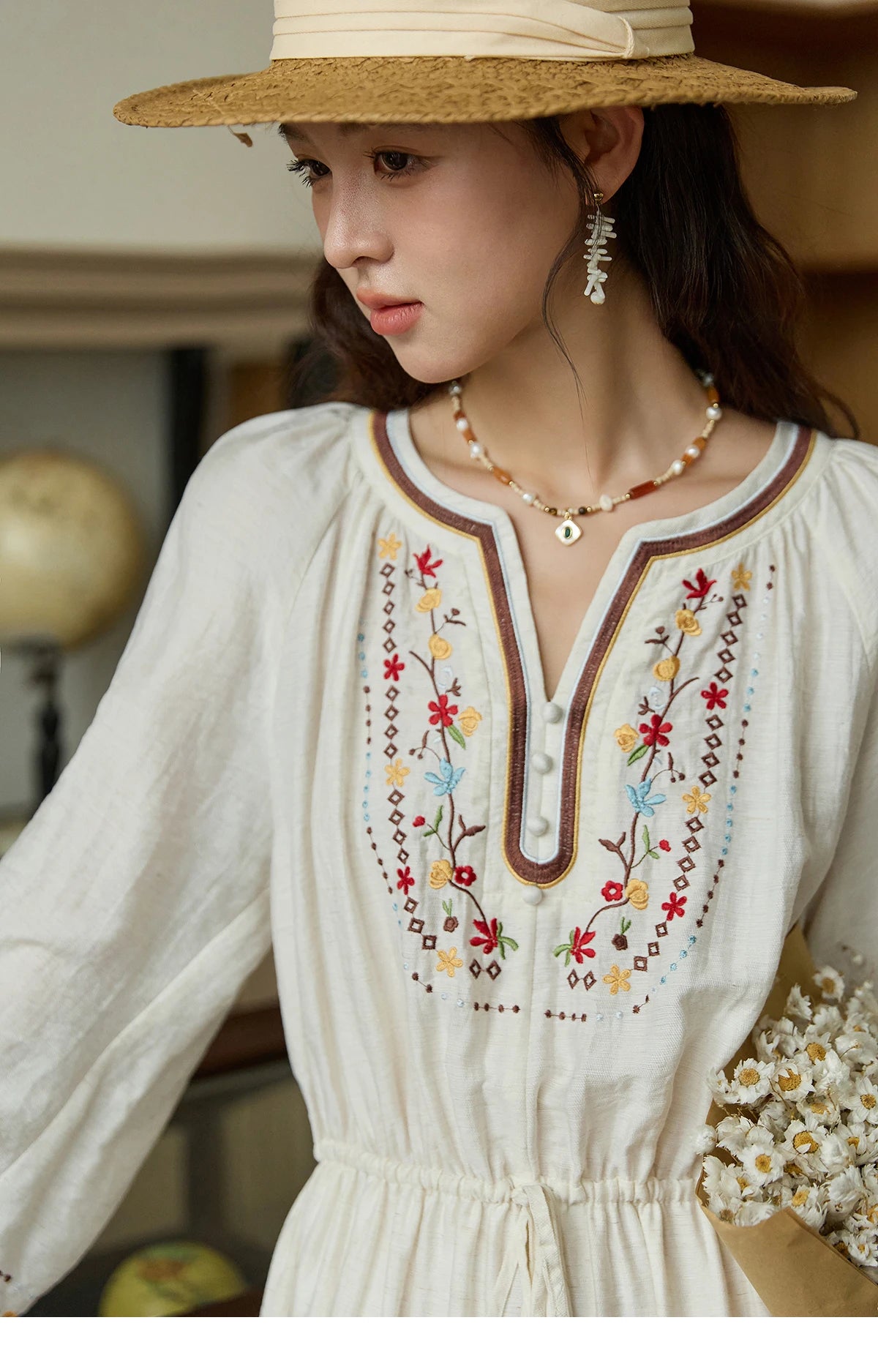 Mishow V-Neck Embroidered Drawstring Bohemian Dress MXE44L2489