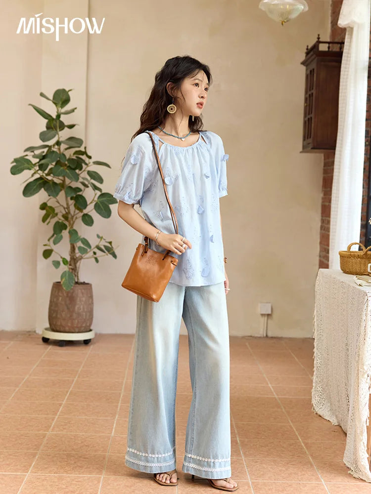 MISHOW Butterfly Embroidery Blouse Hollow Out O-Neck MXE36X1878