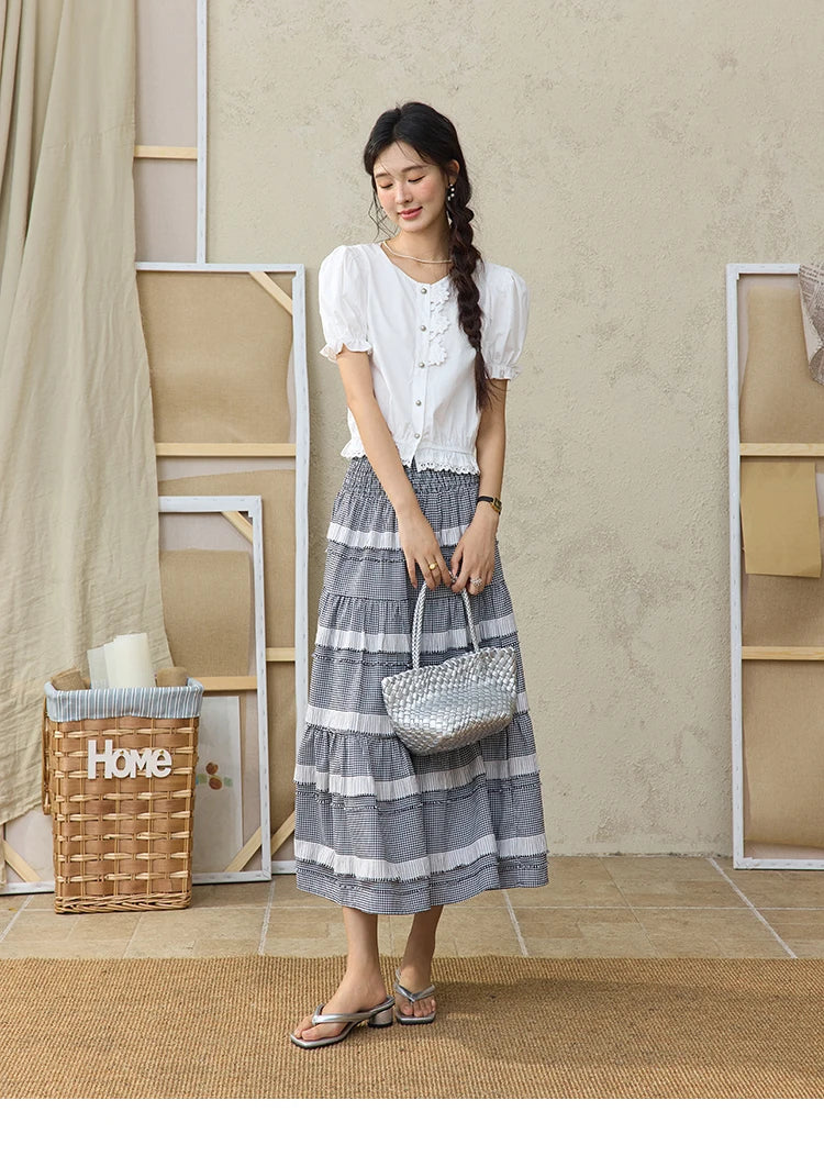 MISHOW Lace Puff Sleeve Shirt Flower Buttons Hem Elastic MXE34X1820