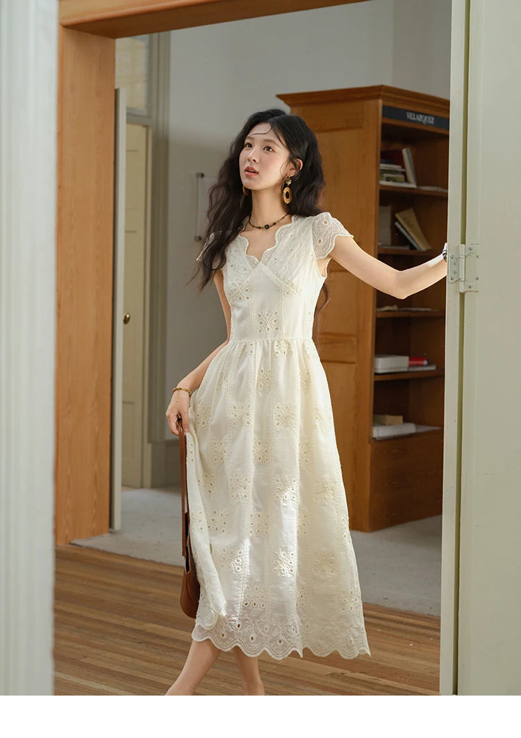 Mishow Flying Sleeve V-Neck Hollow Embroidered Dress MXE39L2404
