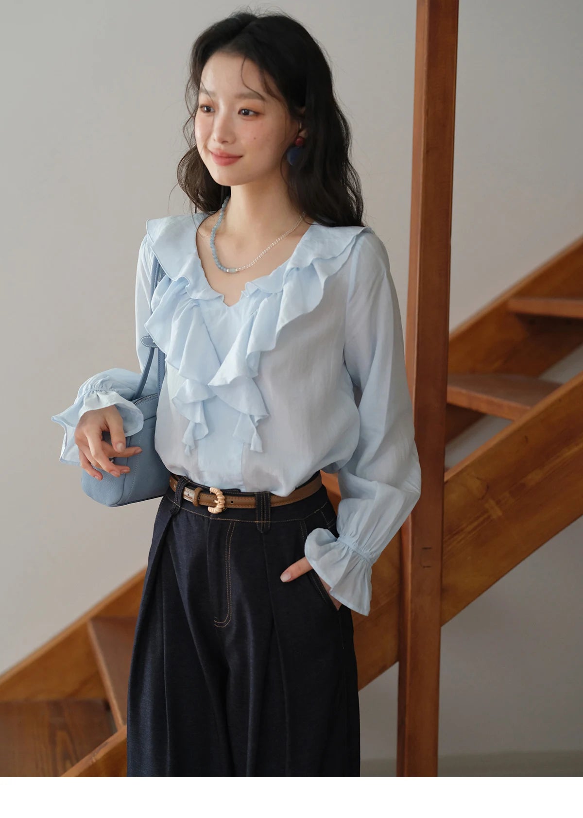 MISHOW Blue Lyocell Ruffled Shirt Flared Sleeves MXE41X1969