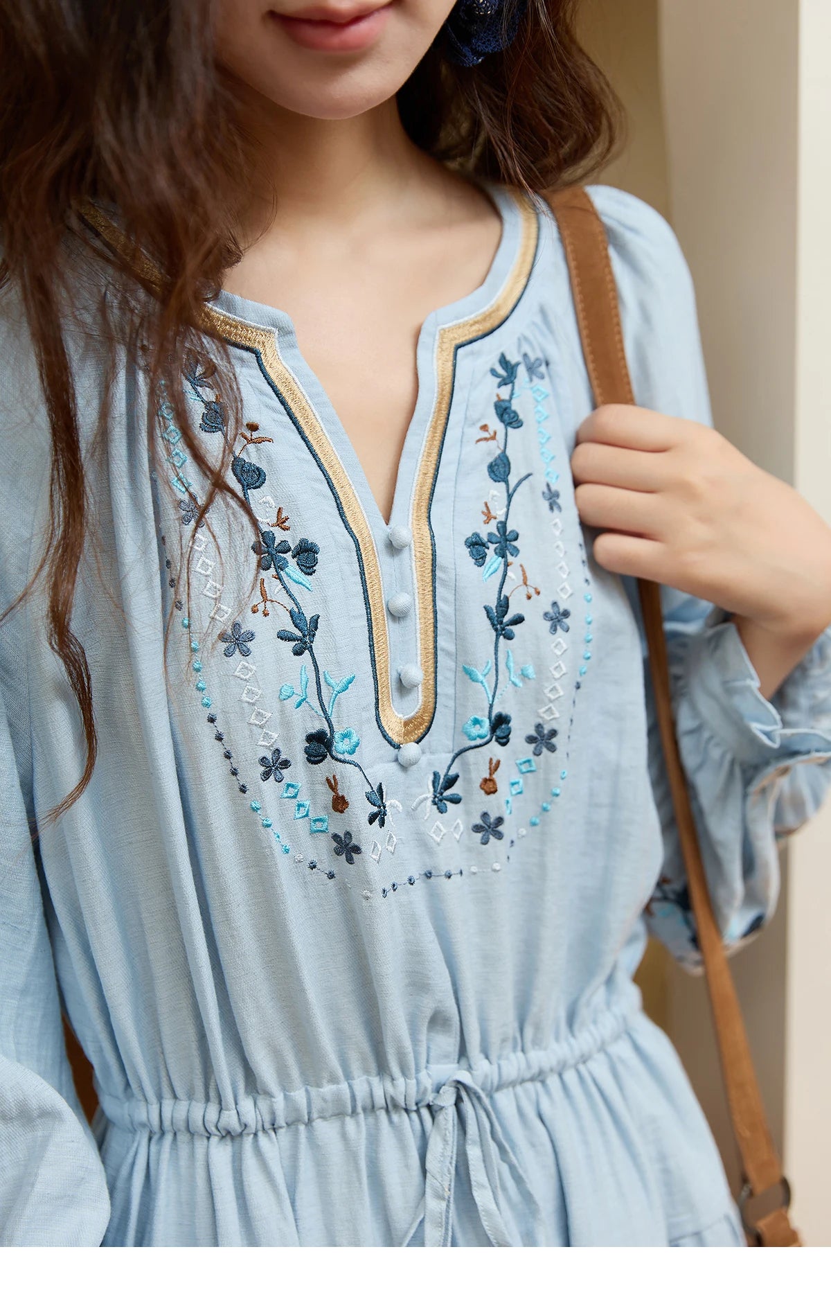 Mishow V-Neck Embroidered Drawstring Bohemian Dress MXE44L2489