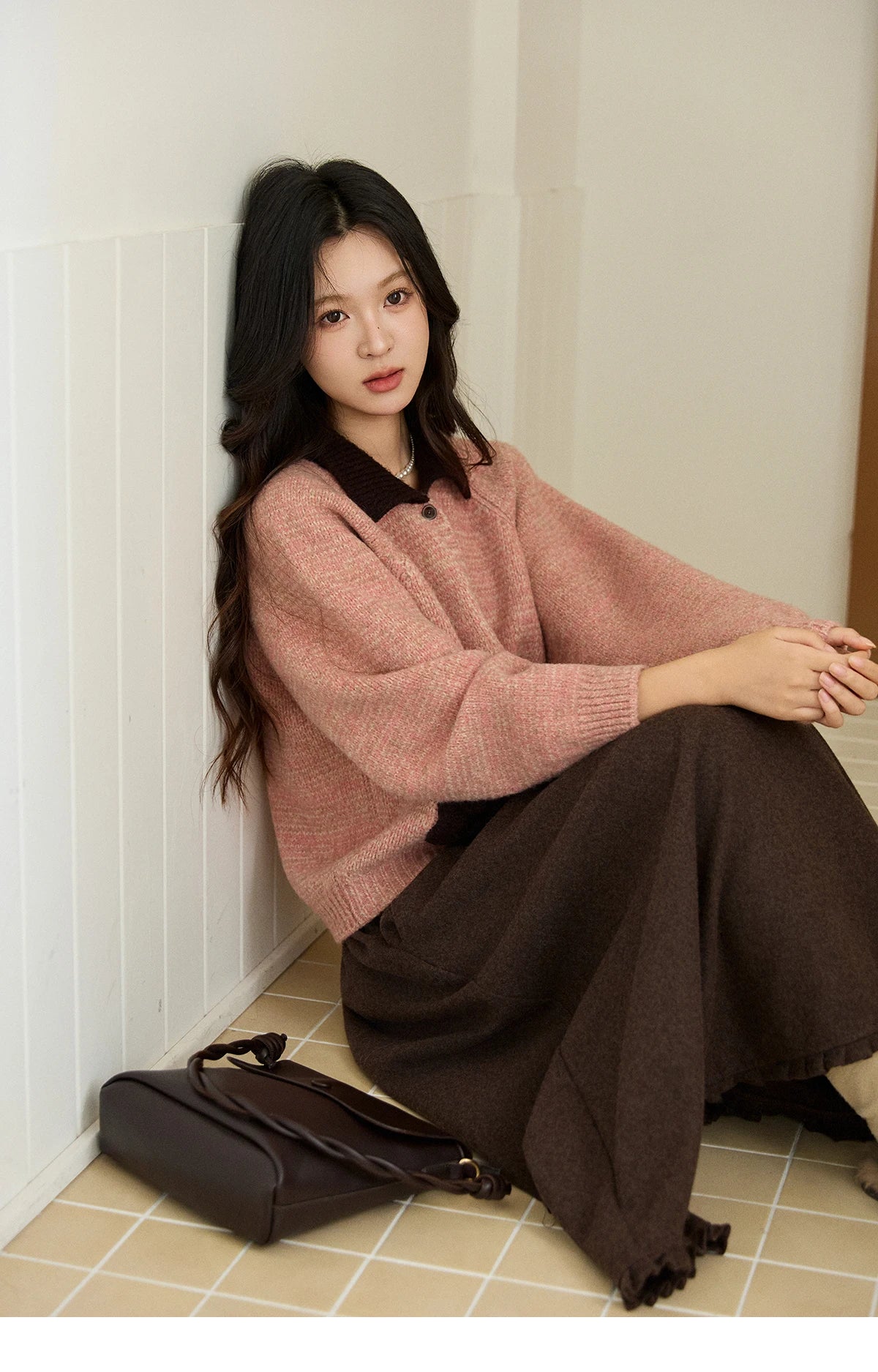 Mishow Pink Contrast Collar Bow Pocket Cardigan MXE94Z2957