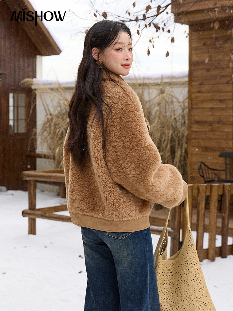 MISHOW Faux Lambskin Coat Turn-Down Collar Brown Loose MXE89W0896