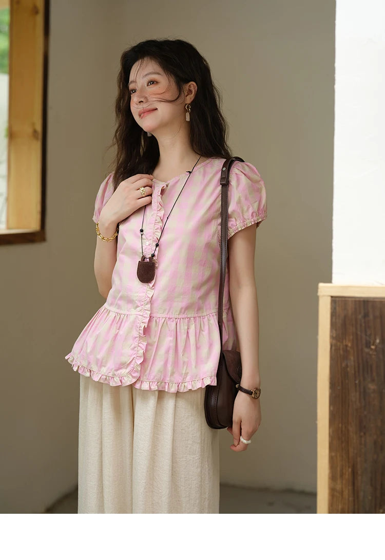MISHOW Pink Plaid Puff Sleeve Shirt O-Neck Button MXE39X1932
