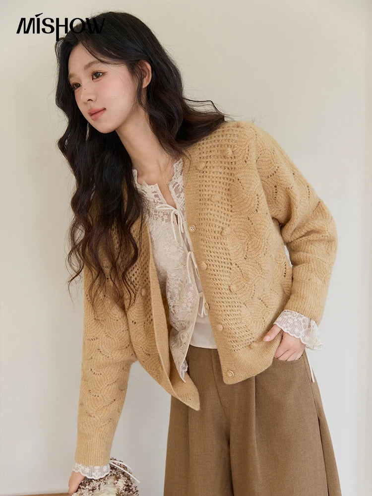Mishow Hollow-out V-Neck Bobble Knit Cardigan MXF108Z1020