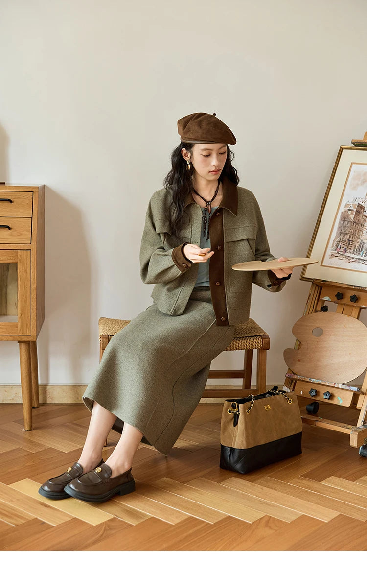 Mishow Contrast Suede Patchwork Wool Coat MXE46W0844