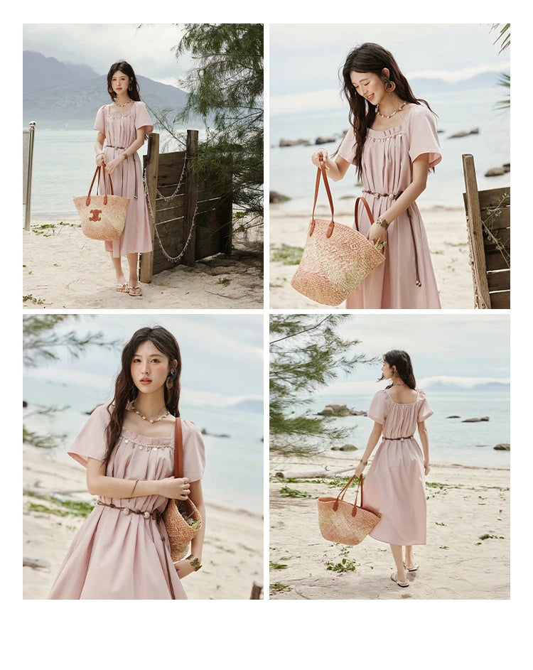 Mishow Bohemian Pink Square Collar Belt Dress MXE33L2158