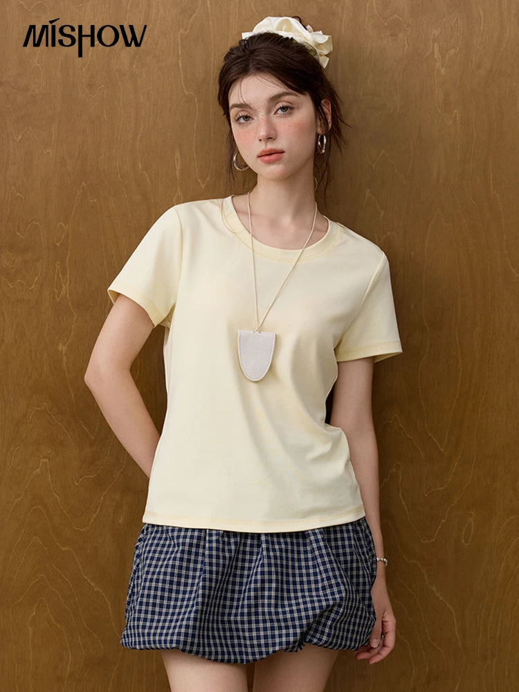 Mishow Solid Straight Shoulder Lace Trim Tee MXE31T0532