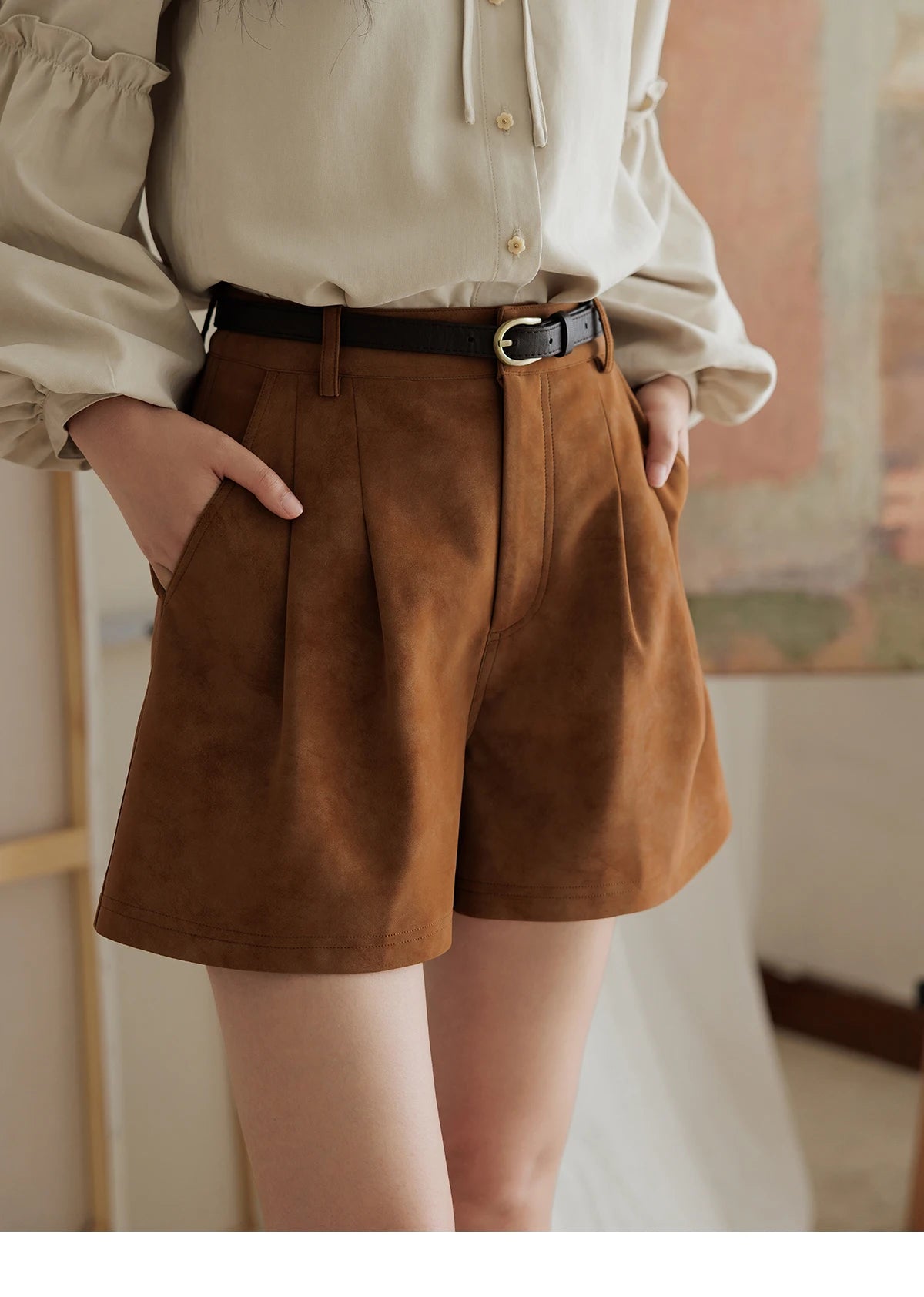 Mishow Suede High Waist A-Line Wide Leg Shorts with Pockets MXD44K0753