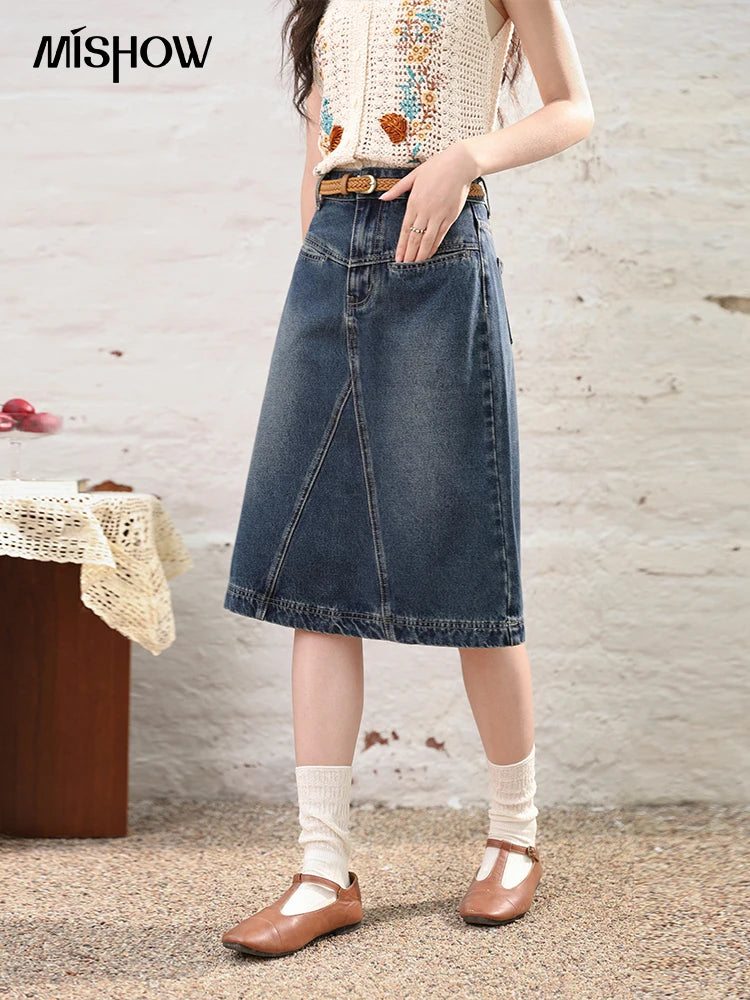 MISHOW Denim Fishtail Skirt Love Embroidered Pockets A-Line MXD28B0414