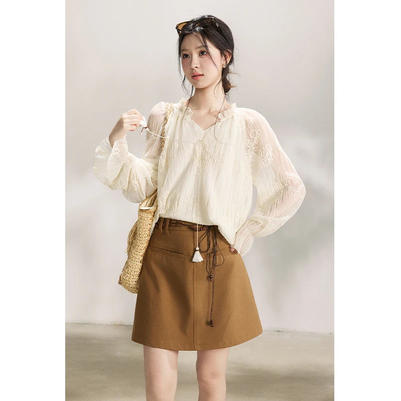 MISHOW Tassel Tie Flower Embroidered Blouse V-Neck Lantern Sleeve MXF13X2525