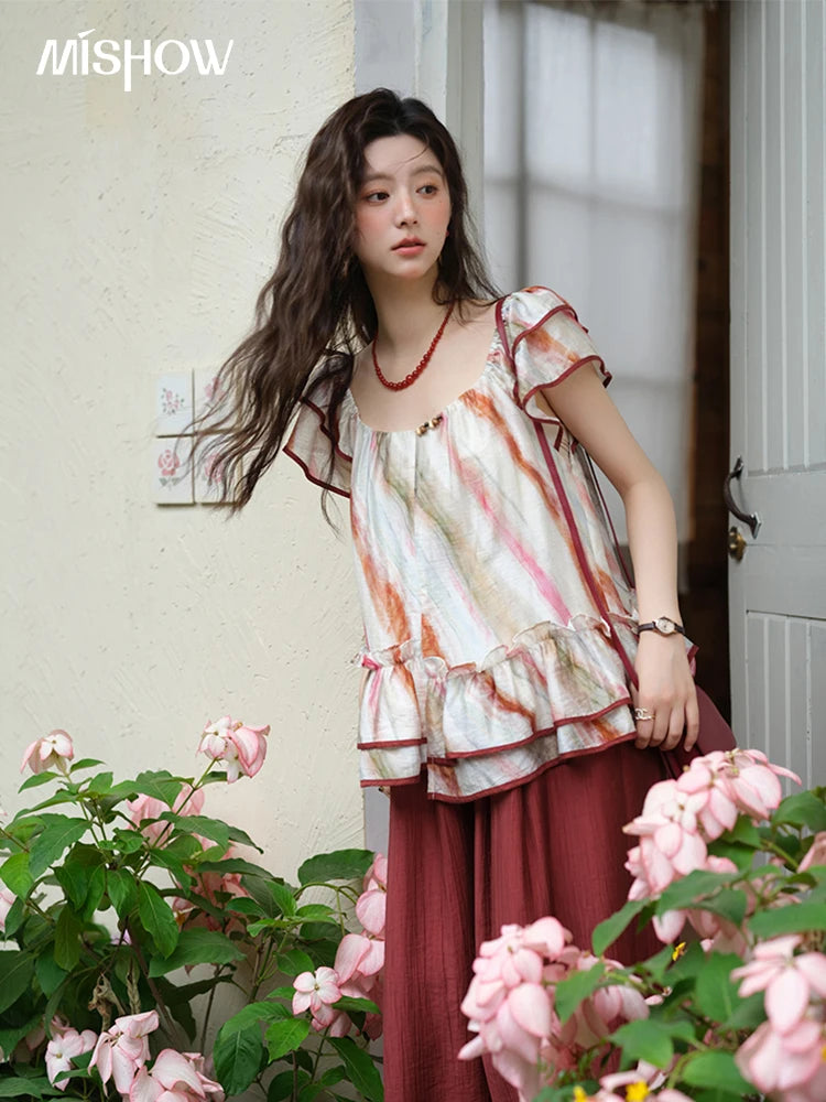 MISHOW Retro Stripe Print Blouse O-Neck Butterfly Sleeve MXE38X1862