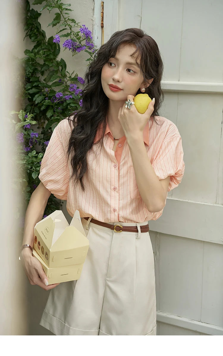 MISHOW Hong Kong Retro Pink Striped Shirt Bubble Sleeve Lapel MXD28C0250