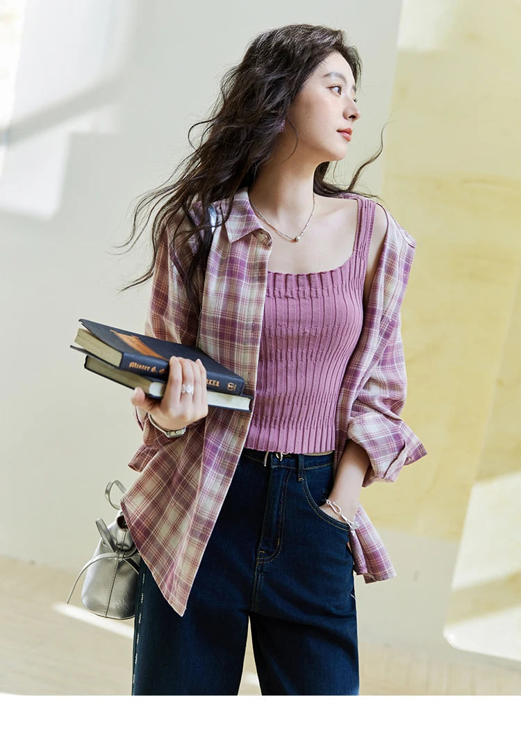 MISHOW Purple Plaid Cotton Shirt Polo Neck Pockets MXE14C0417