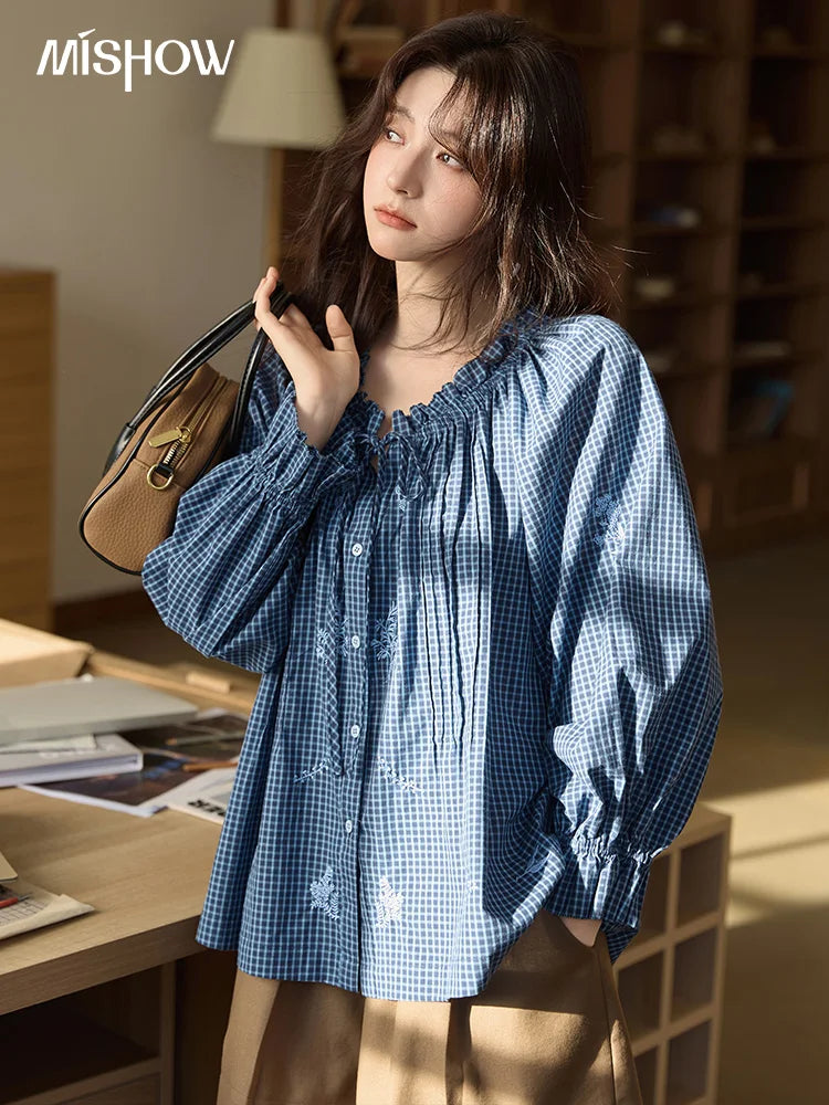 MISHOW Blue Plaid Embroidered Shirt Black Fungus Edge Collar MXE44X2467
