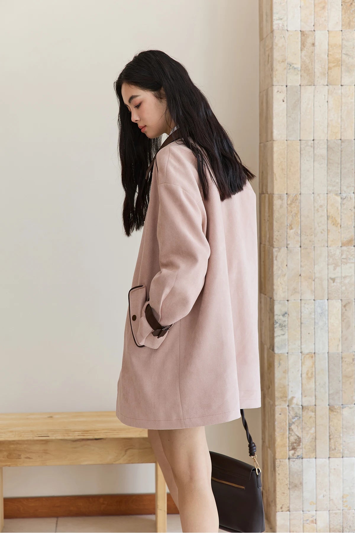 MISHOW Pink Mid-Length Jacket Turn-Down Collar Button Spliced MXE45W0845