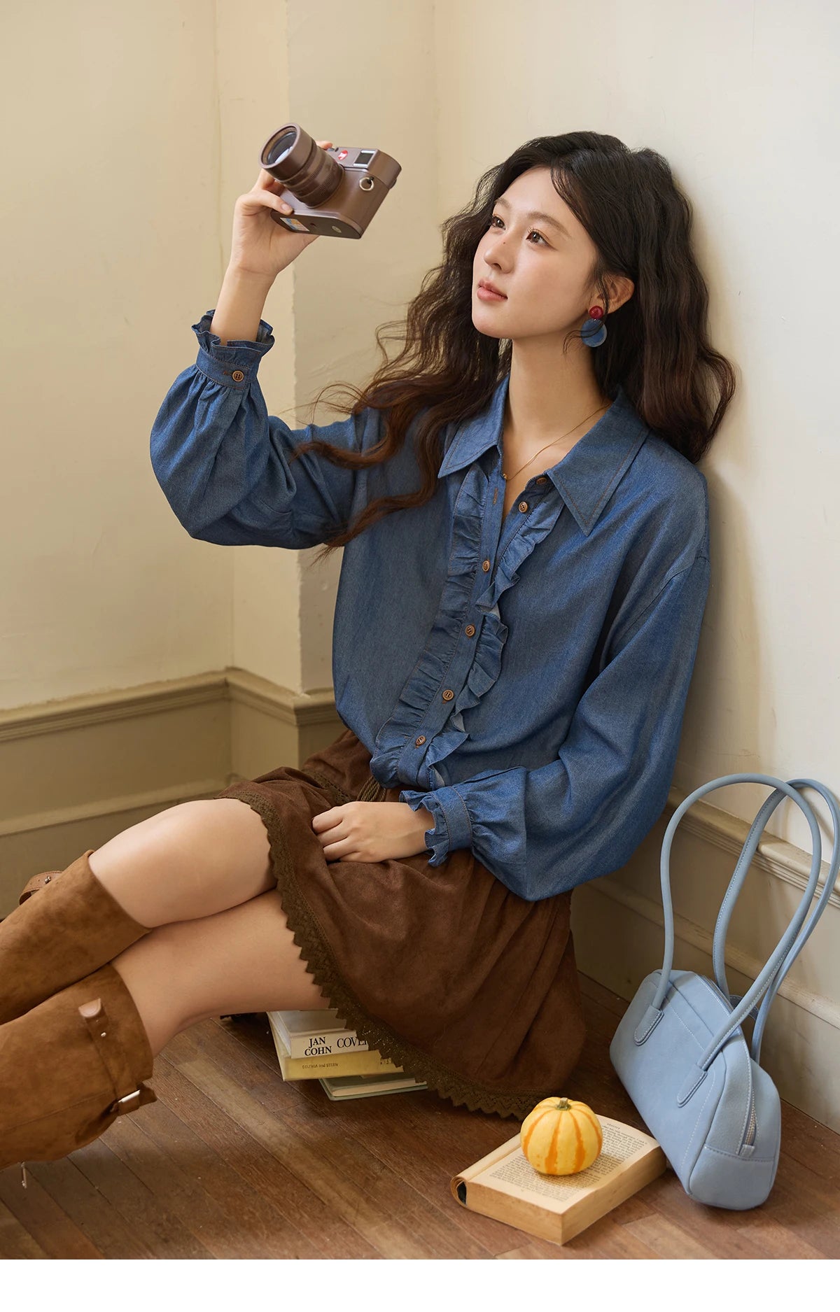 MISHOW Blue Lyocell Denim Shirt Ruffled Placket Waist Cinc MXE43C2386