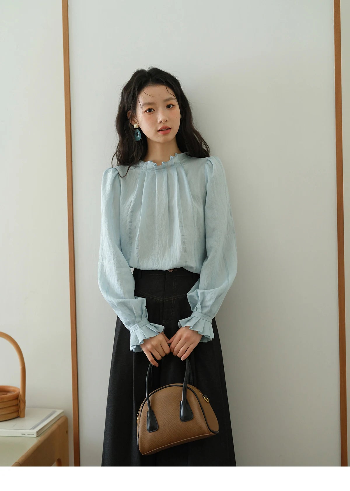 MISHOW Blue Jacquard Blouse Stand Collar Bubble Sleeves MXE41X1934