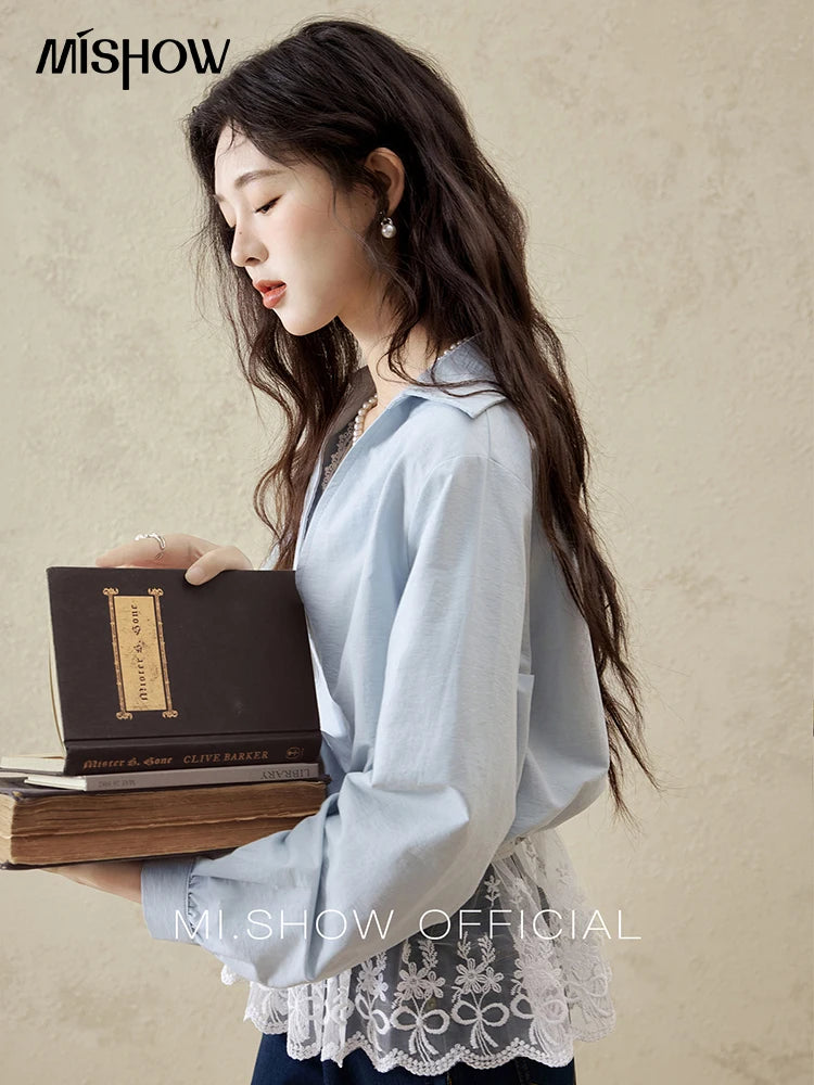 MISHOW French Fake Two-Piece Blouse Turn-Down Collar Lace Splicing MXE16C0783