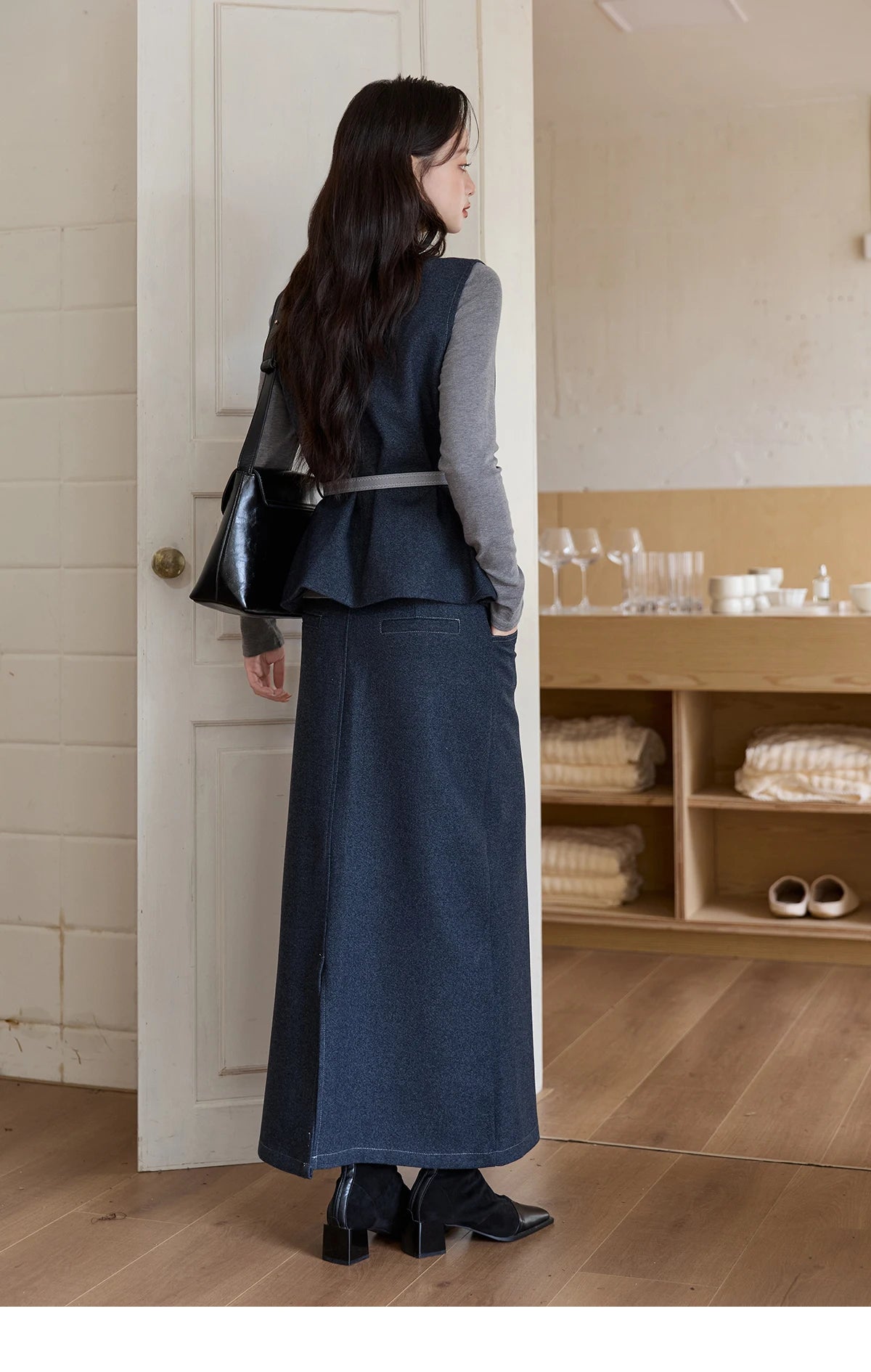 Mishow Blue Sleeveless Vest & Knit Top & Midi Skirt 3-Piece Set MXE49T1421
