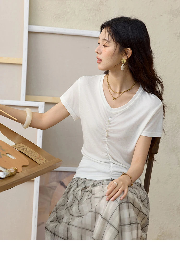 Mishow V-Neck Front Elastic Shell Button Tee MXE34T0560