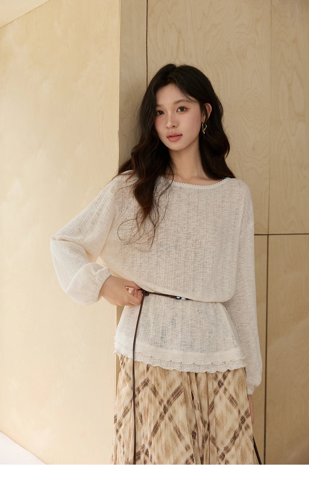 Mishow Lace Trim Boat Neck Knit Top with Belt MXF13Z3002
