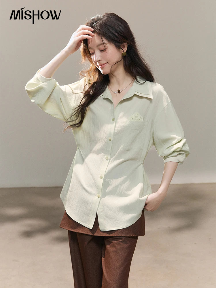 MISHOW Contrast Trim Lapel Shirt Floral Embroidery Pocket MXF13C2440