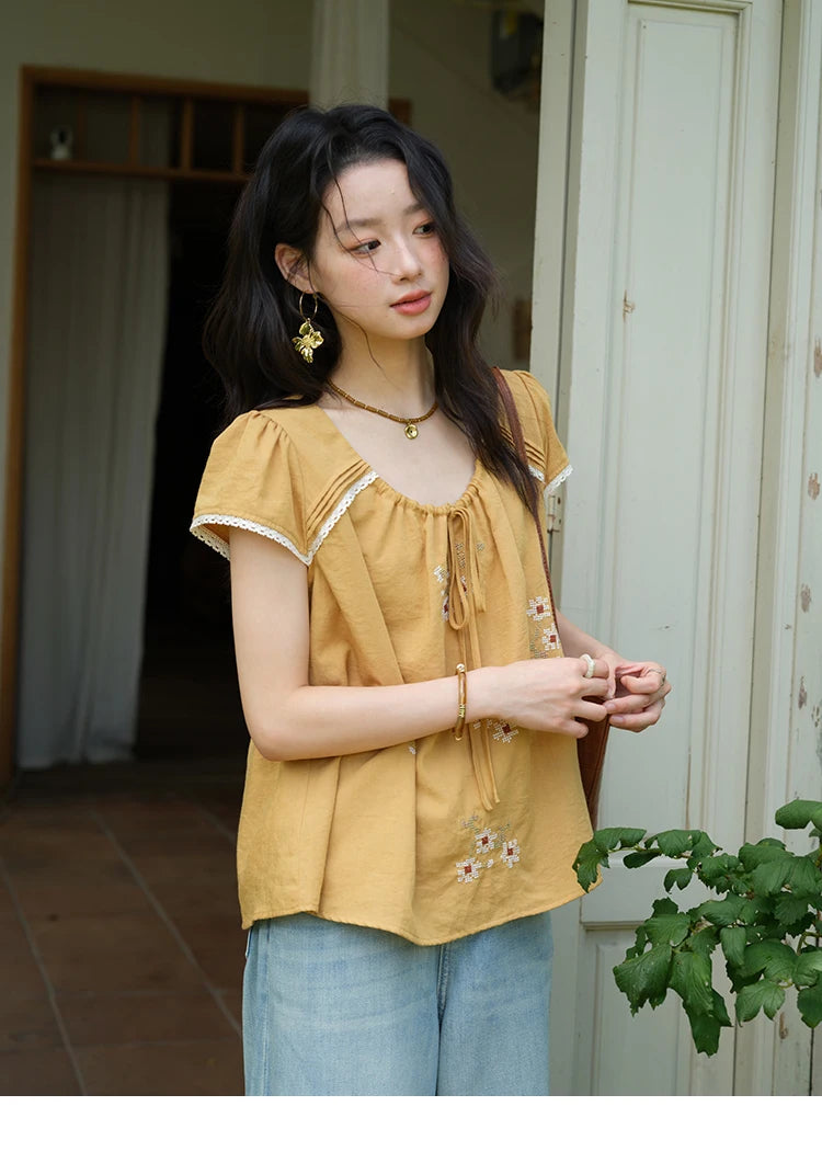 MISHOW Embroidery Flower Blouse O-Neck Lace Up Flying Sleeve MXE39X1880