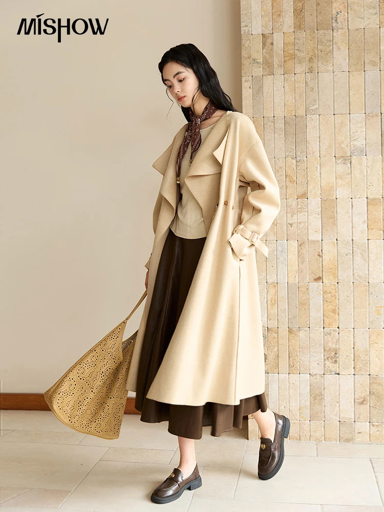 Mishow Drawstring Waist Large Lapel Mid-Length Woolen Coat MXE45W0841