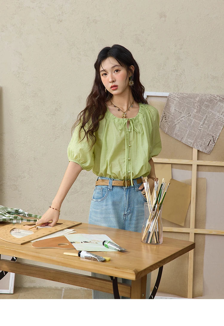 MISHOW Round Neck Blouse Lace Up Puff Sleeve MXE36X1875