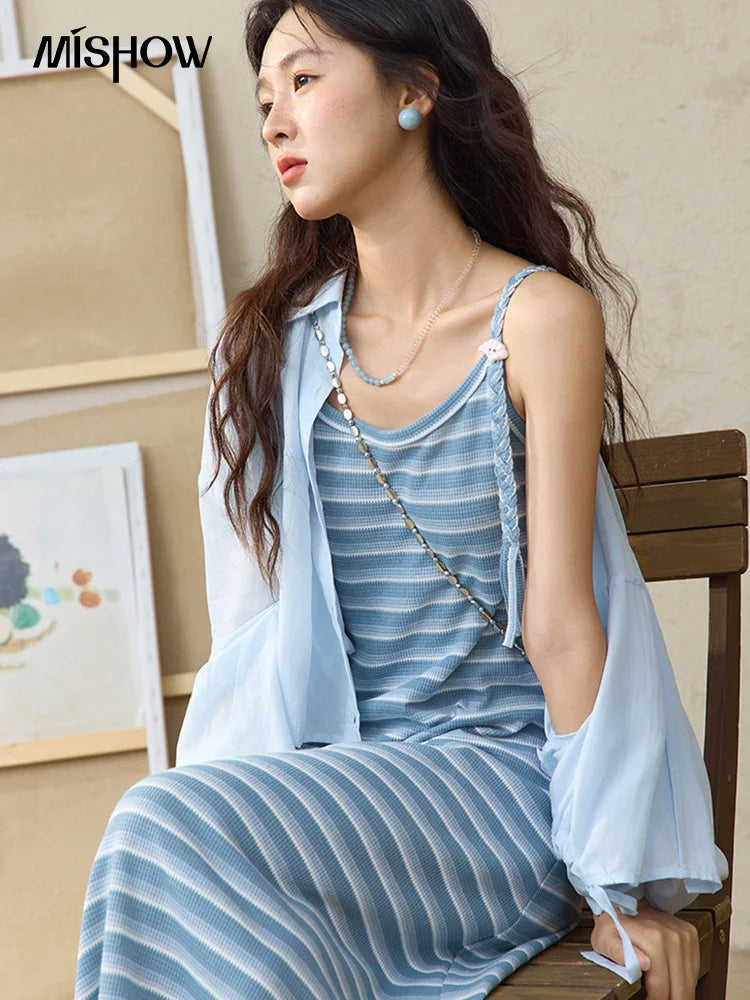 Mishow Blue Striped Camisole Dress & Lyocell Shirt Set MXE34L2285