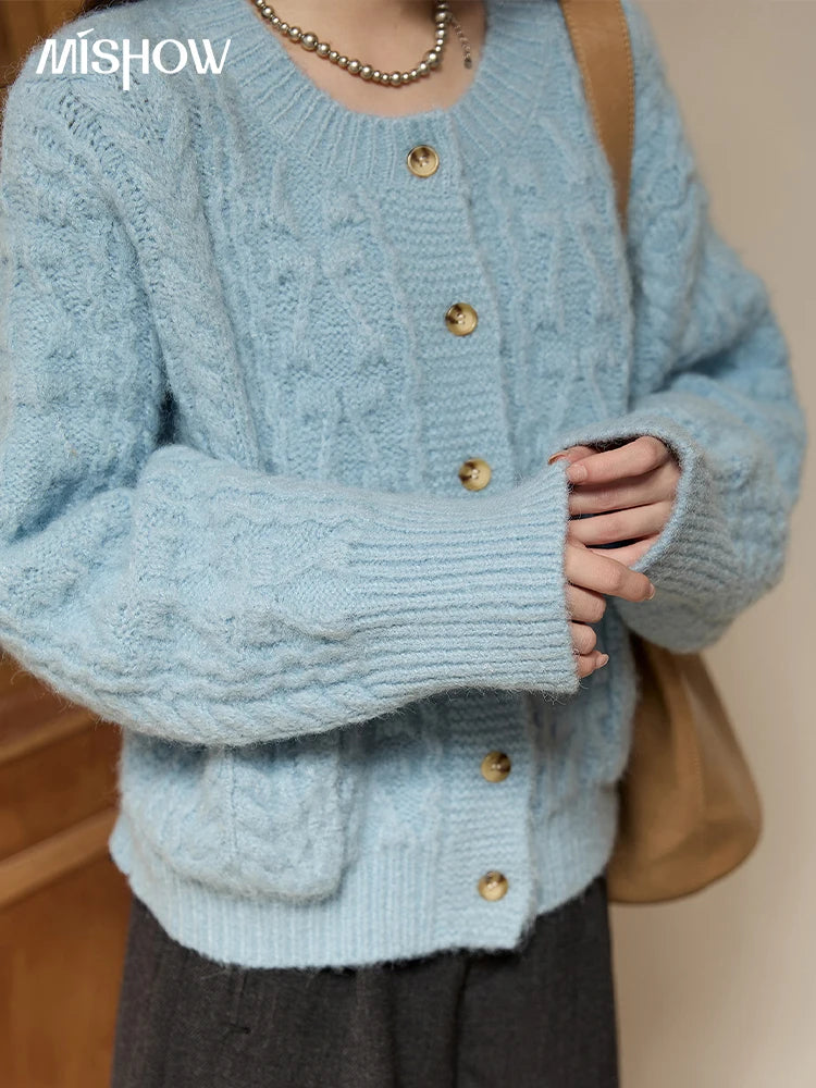 Mishow Light Blue Retro Crew Neck Pocket Cardigan MXE49Z2614