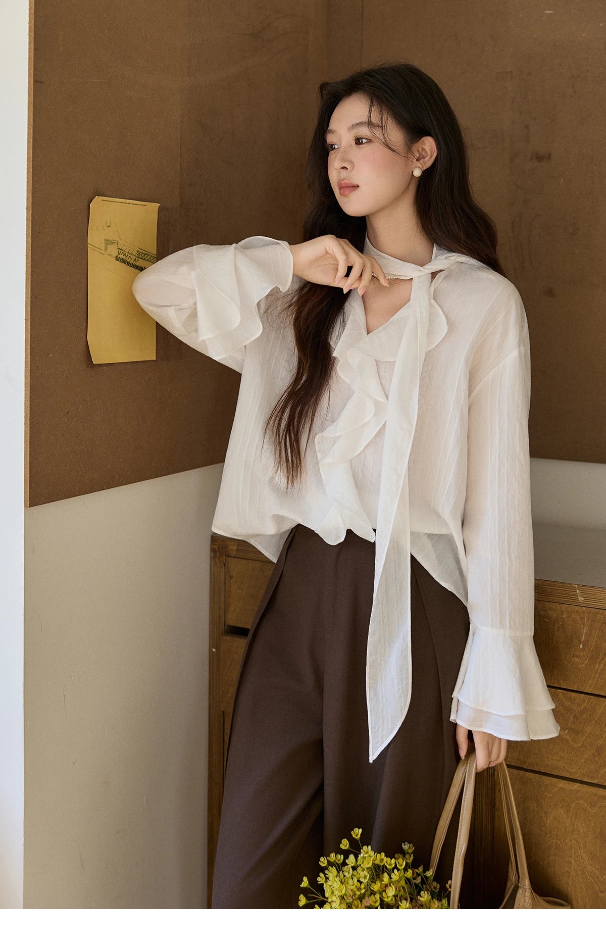 MISHOW Ruffle Trim Chiffon Blouse Detachable Scarf MXF108X0999