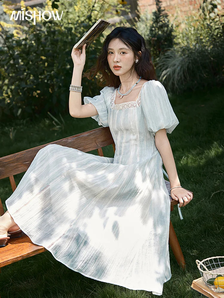 Mishow Striped Square Neck Lace Hollow Dress MXE39L2403