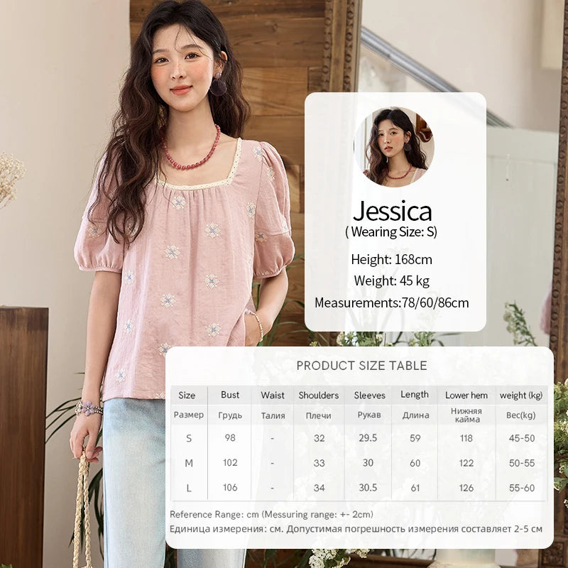 MISHOW Pink Embroidered Linen Blouse Square Collar Lace Patchwork MXE35X1834