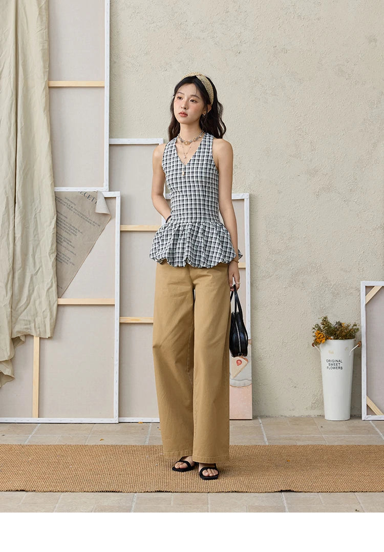 MISHOW Cotton Khaki Lace Patchwork Wide Leg Pants High Waist MXE34K0925