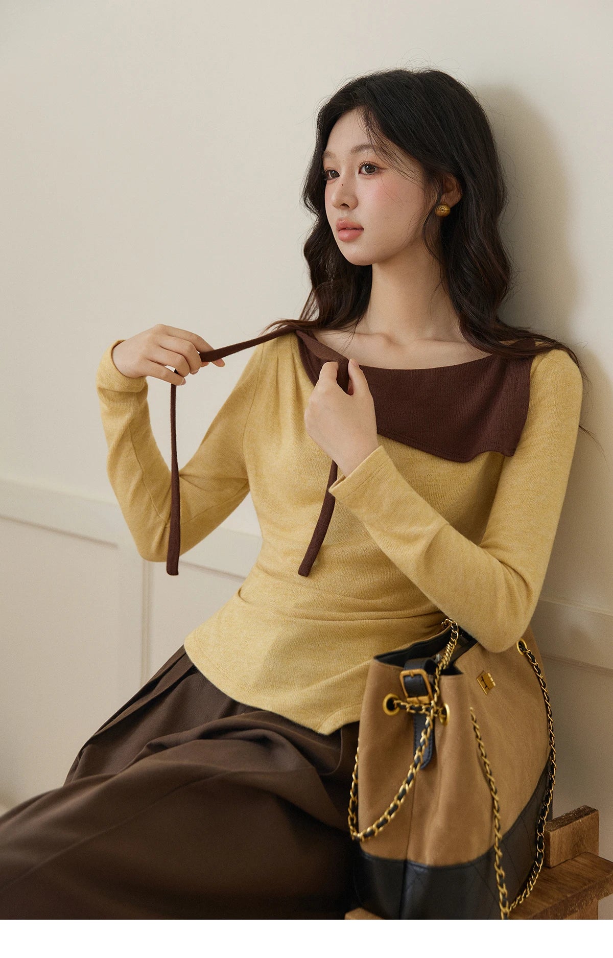 Mishow Yellow Brown Contrast Oblique Collar Knit Top MXF11Z2911