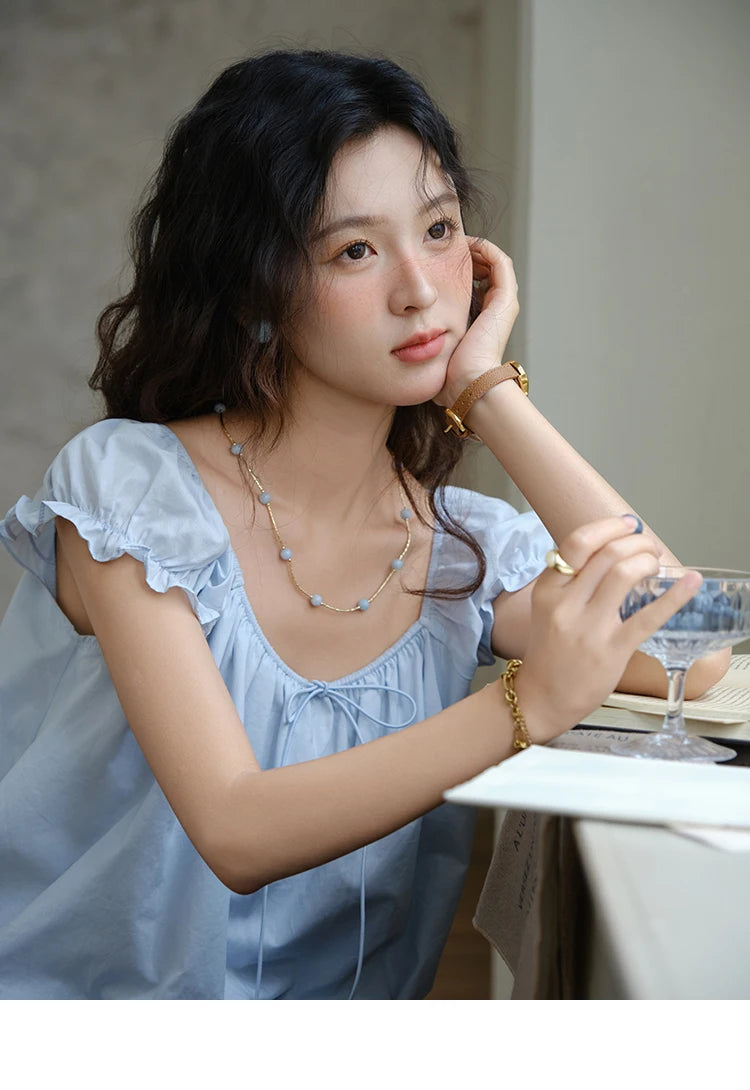 MISHOW Cotton Blouse Puff Sleeve Lace Up O-Neck MXE37X1893