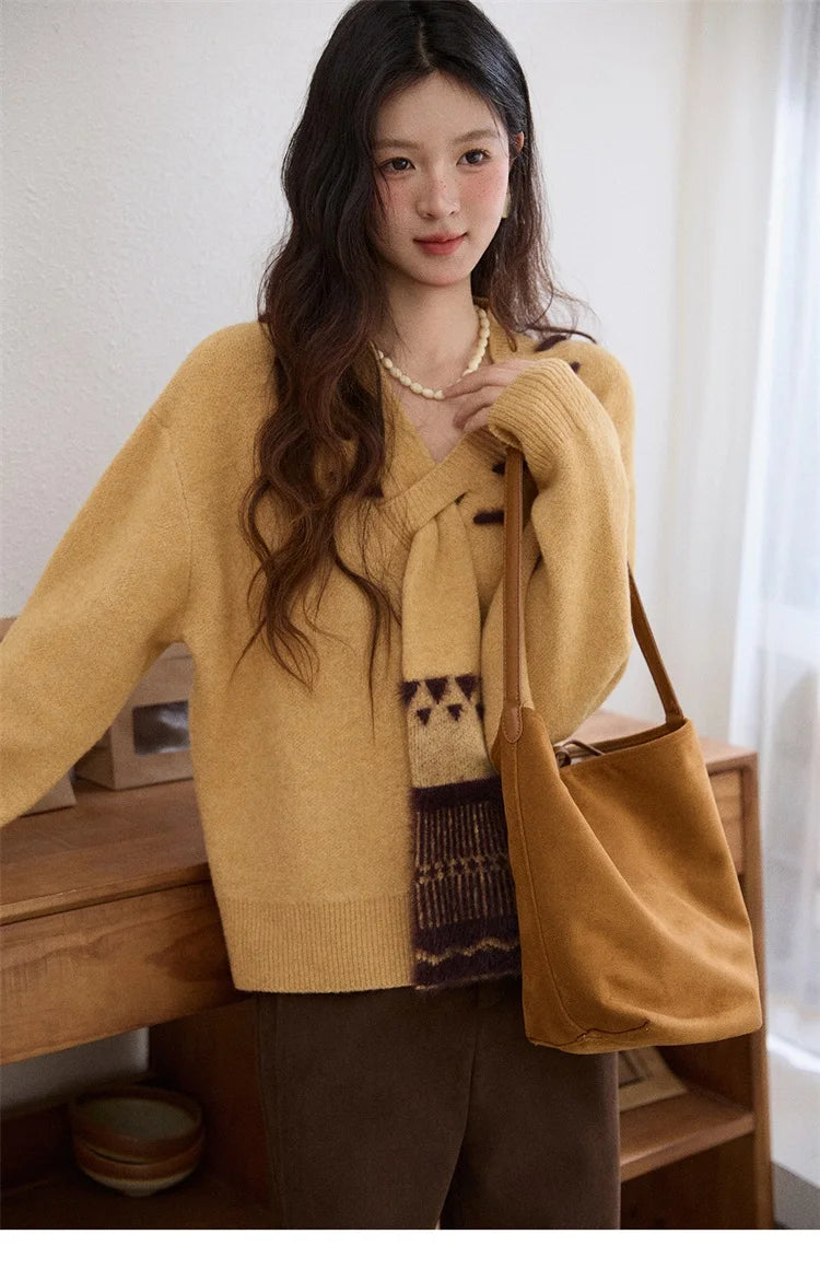 Mishow Yellow V-Neck French Workwear Pullover MXE87Z2771