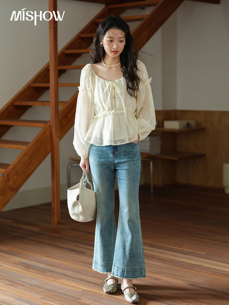 MISHOW Cashew Flower Embroidered Blouse V-Neck Lace Up Puff Sleeve MXE41X1945