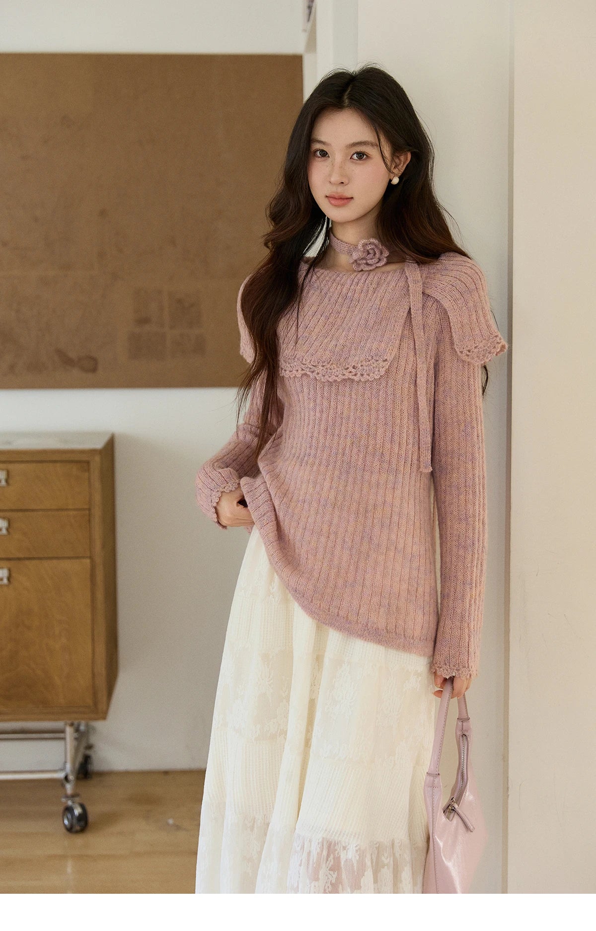 Mishow Pink Large Collar Lace Belted Pullover MXF11Z2901