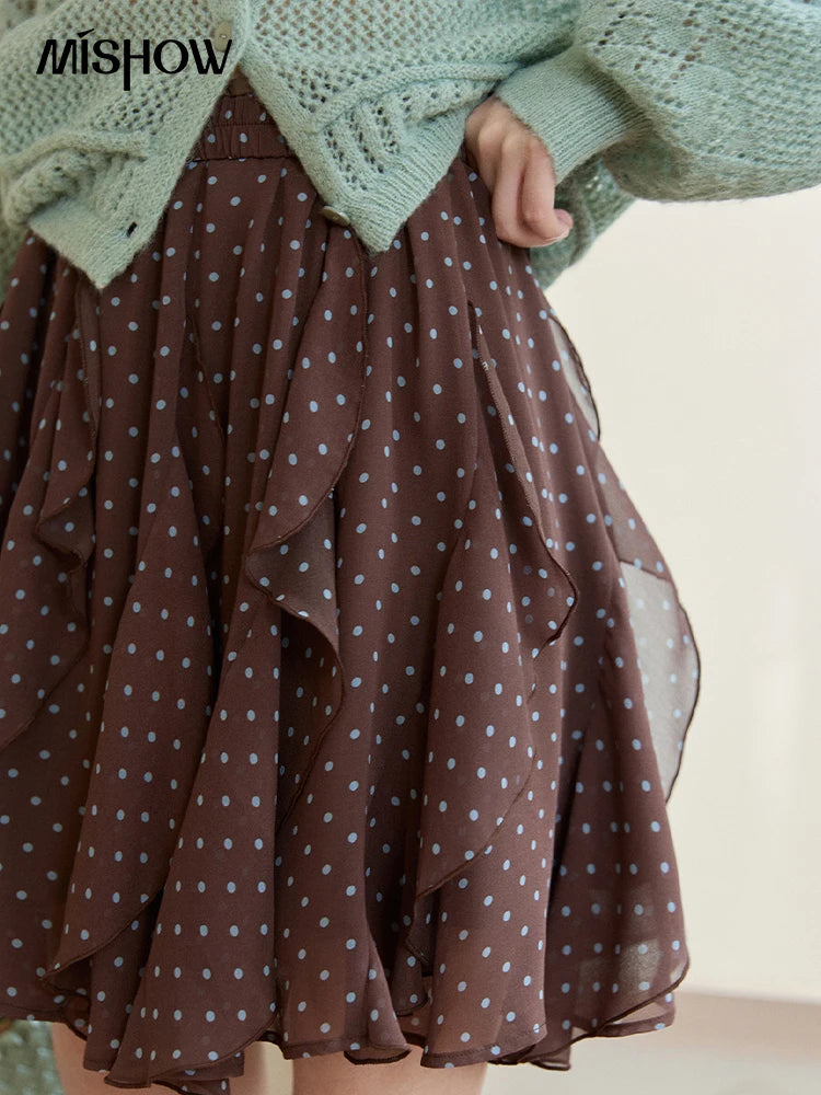 Mishow Brown Polka Dot Ruffled Chiffon Mini Skirt MXF13B2476