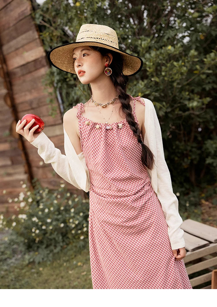 Mishow Red Plaid Sleeveless Elastic Waist Dress MXE32L2198
